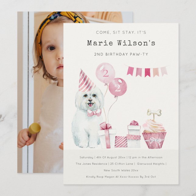 Convite de Aniversário de Cachorro Rosa Fofo para  (Frente/Verso)