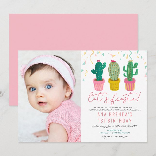 Convite de Aniversário de Cacto de Festa para QUAL (Frente/Verso)