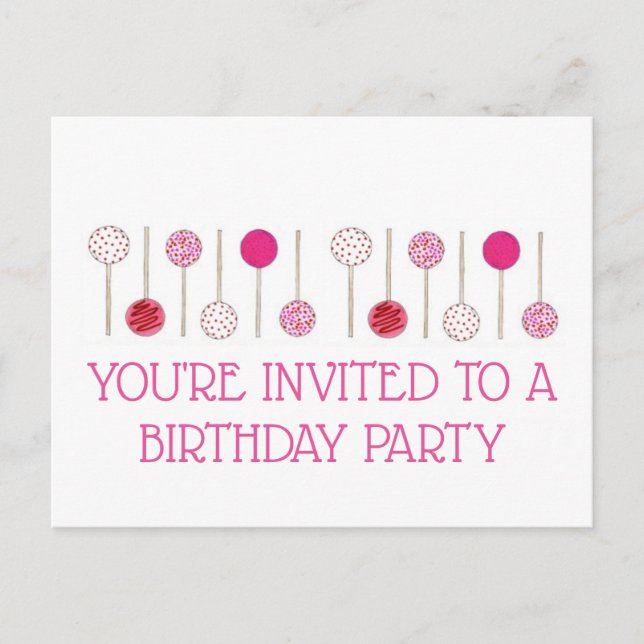 Convite de Aniversário de Cake Pops de Bolo Rosa (Frente)