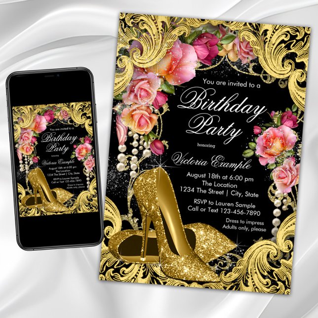 Convite de aniversário de Calçados brilhantes Dour (Gold high heel shoe birthday party invitation with gold shoes on a beautiful coral gold background.)