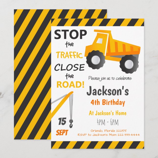 Convite de Aniversário de Caminhão de Carga de Con (Frente/Verso)