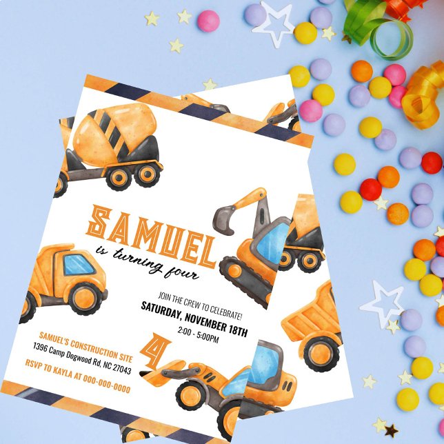 Convite de Aniversário de Caminhão de Construção (Editable watercolor construction truck invitation with photo. Personalize for a fun birthday)