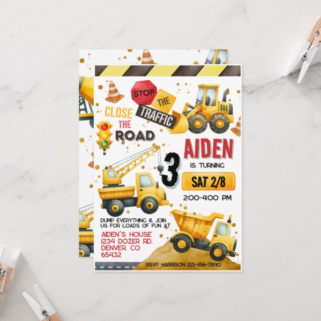 Convite de Aniversário de Caminhão de Construção (Frente/Verso In Situ)