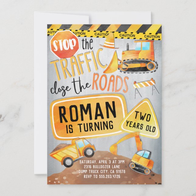 Convite de aniversário de Caminhão de Construção (Frente)