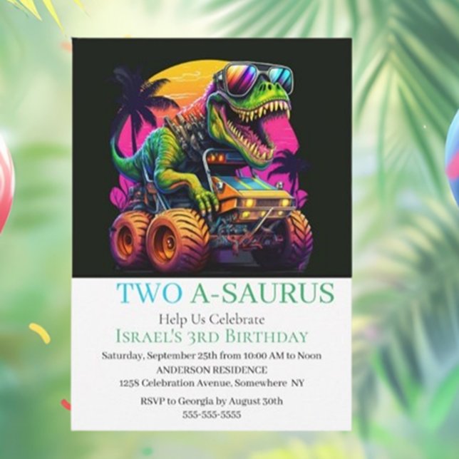 Convite de aniversário de Caminhão Dino Monster (Join us for a roaring good time at our Dino Monster Truck Birthday Party! )