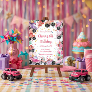 Convite de Aniversário de Caminhão Monstro Rosa pa
