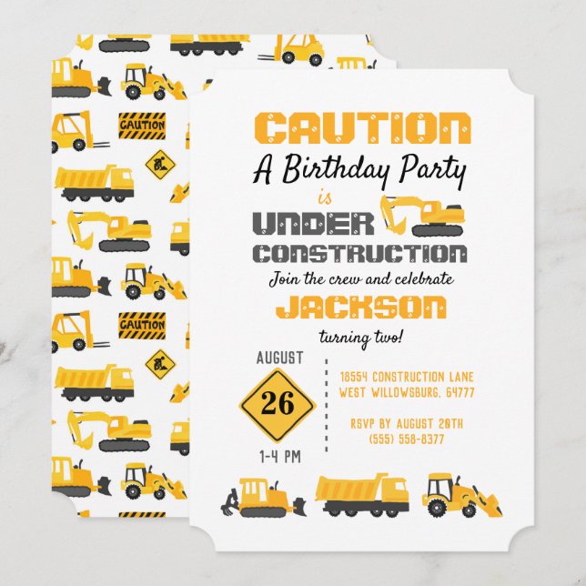 Convite de aniversário de Caminhões de Construção (Frente/Verso)