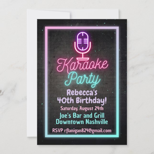 Convite de Aniversário de Canto Karaokê Neon (Frente)