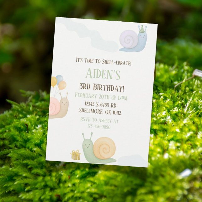Convite de Aniversário de Caracol em Aquarela (Snail-themed watercolor birthday invitation design with cute shell-ebration elements)