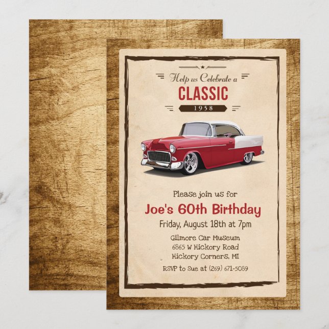 Convite de Aniversário de Carro Clássico Antigo pa (Frente/Verso)
