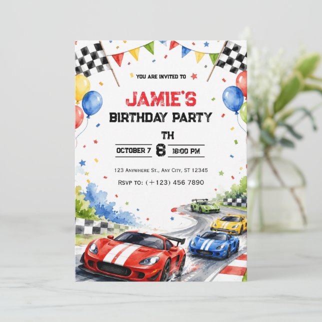 Convite de Aniversário de Carro de Corrida em Aqua (Em pé/Frente)