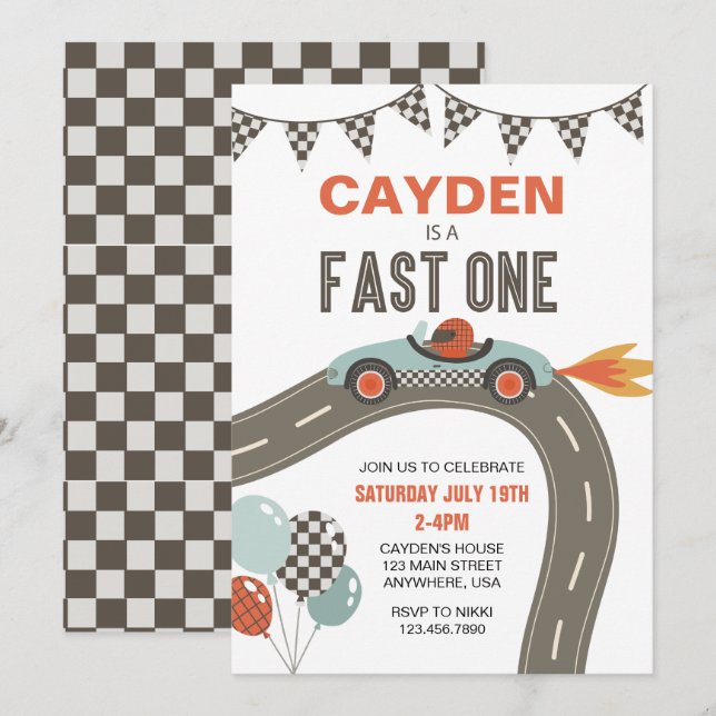 Convite de Aniversário de Carro de Corrida Fast On (Frente/Verso)