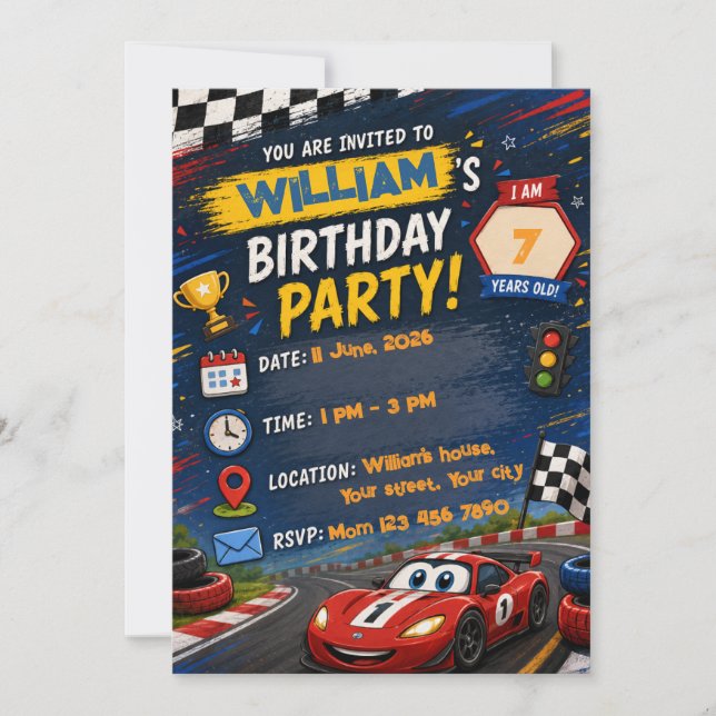 Convite de Aniversário de Carro de Corrida | P Per (Frente)