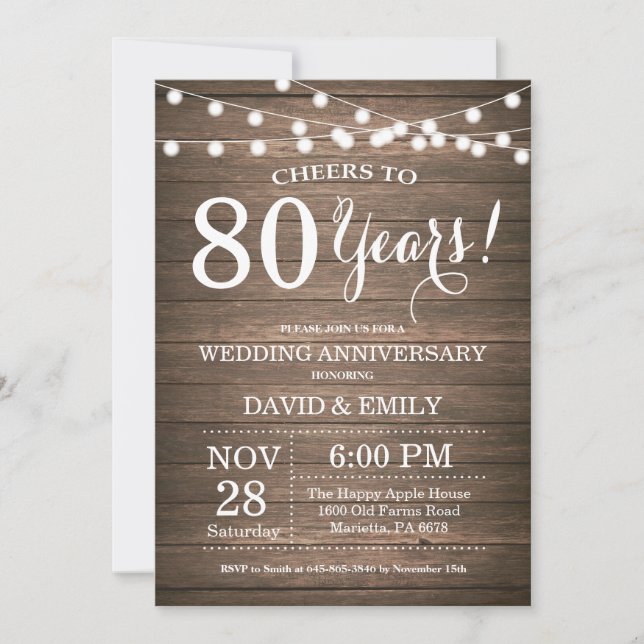 Convite de Aniversário de Casamento 80 anos Rustic (Frente)