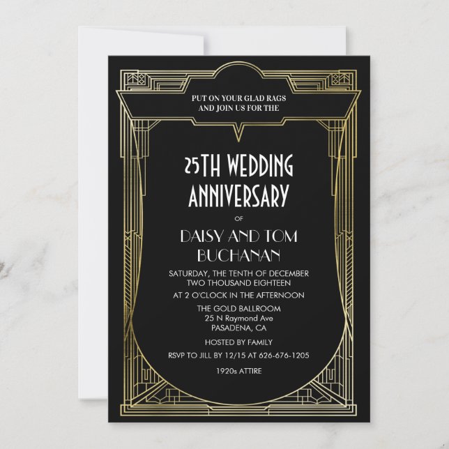 Convite de Aniversário de Casamento Art Déco Gatsb (Frente)