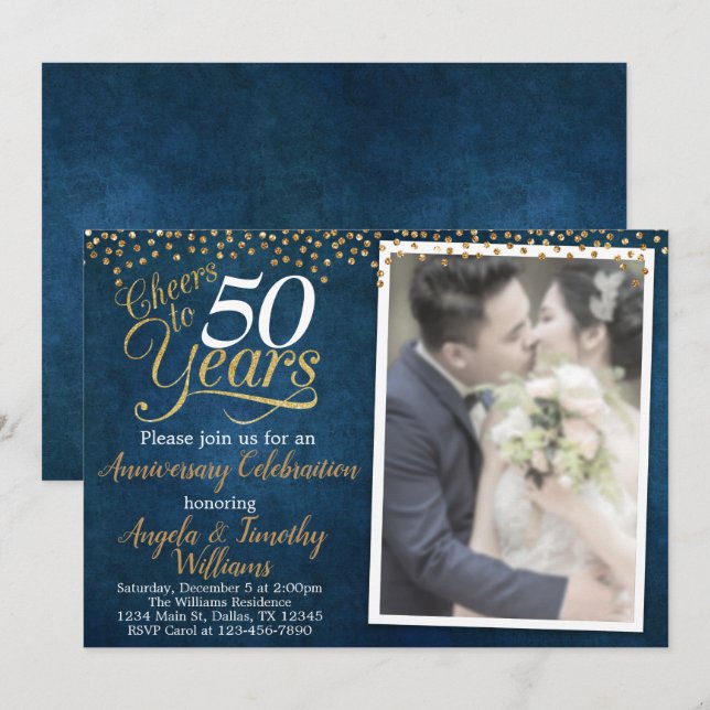 Convite de Aniversário de Casamento Azul Naval Dou (Frente/Verso)