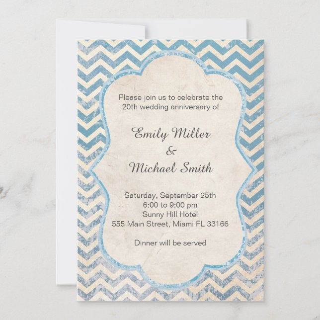 Convite de Aniversário de Casamento Azul Rustic Ch (Frente)