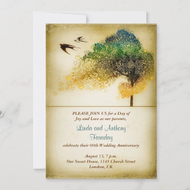 convite de aniversário de casamento com arte retrô (Frente)