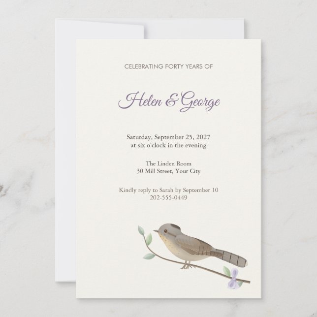 Convite de Aniversário de Casamento com Pássaro Ca (Frente)