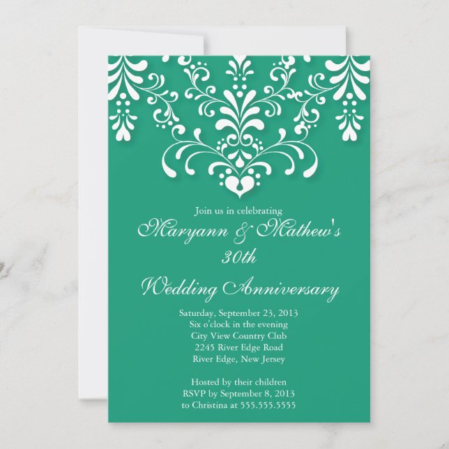 Convite de Aniversário de Casamento Damask Esmeral (Frente)