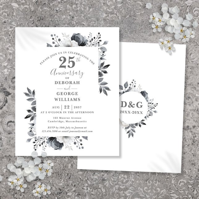 Convite de Aniversário de Casamento de 25 Floral d (Budget Floral 25th Wedding Anniversary Invitation)