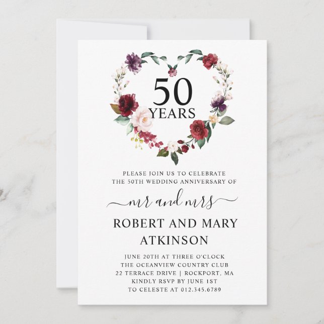 Convite de Aniversário de Casamento de 50 Anos Flo (Frente)