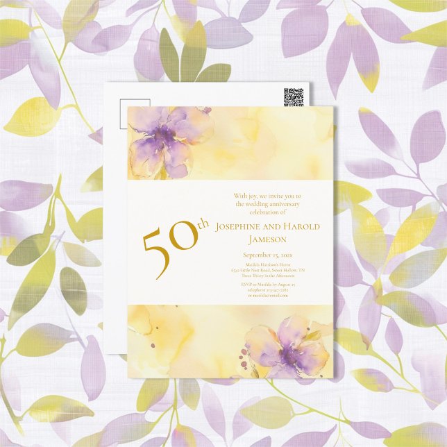 Convite de Aniversário de Casamento de 50 Anos Vio (Violets Gold 50th Wedding Anniversary Invitation Postcard)