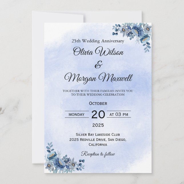 Convite de Aniversário de Casamento Floral Azul At (Frente)
