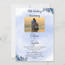 Convite de Aniversário de Casamento Floral Azul Cl
