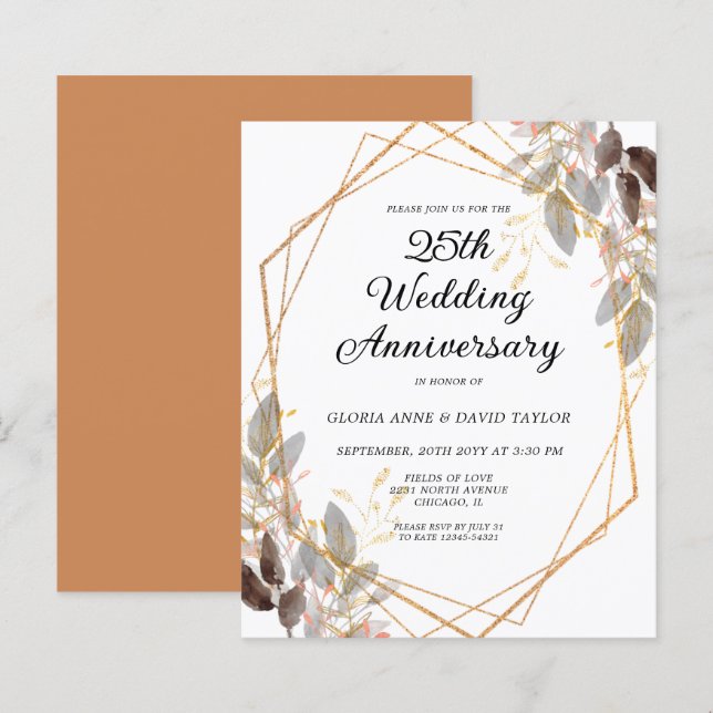 Convite de Aniversário de Casamento Folhagem Doura (Frente/Verso)