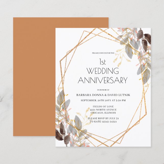 Convite de Aniversário de Casamento Folhagem Doura (Frente/Verso)