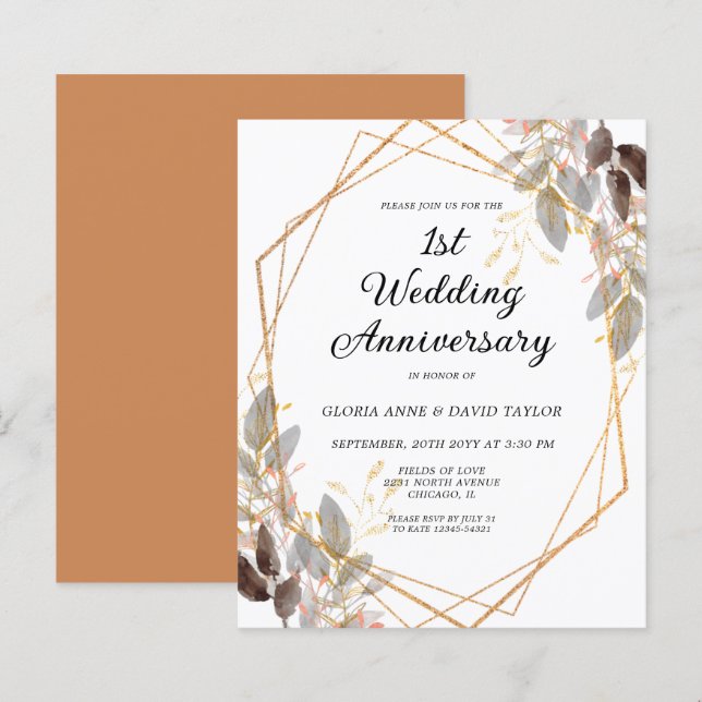 Convite de Aniversário de Casamento Folhagem Doura (Frente/Verso)