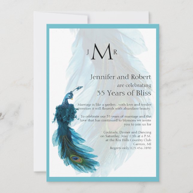 Convite de Aniversário de Casamento Pena de Pavão  (Frente)