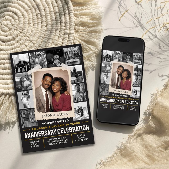 Convite de Aniversário de Casamento Personalizado, (Custom Anniversary Invite, Retro Photo Collage Invitation)