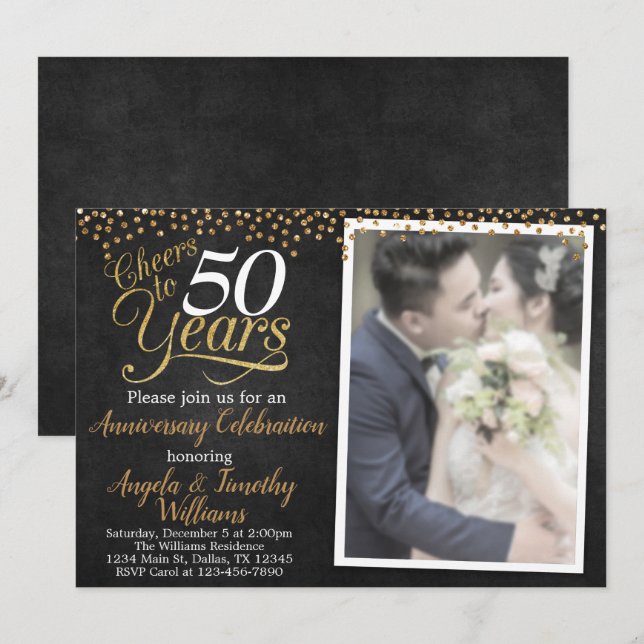 Convite de Aniversário de Casamento Preto e Dourad (Frente/Verso)