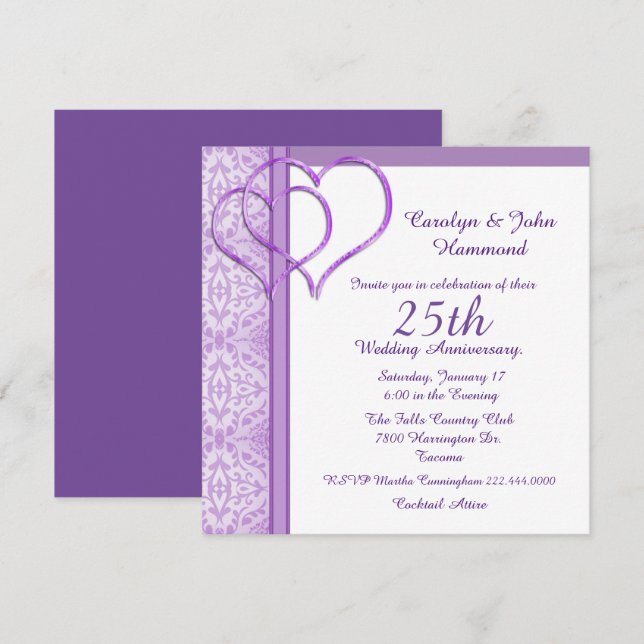 Convite de Aniversário de Casamento Purple Hearts (Frente/Verso)