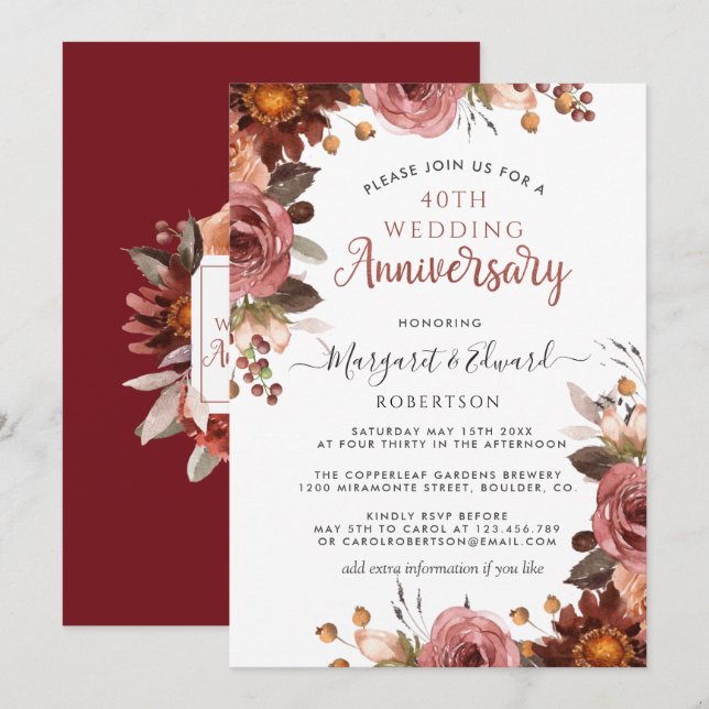 Convite de Aniversário de Casamento Vermelho Rubi  (Frente/Verso)