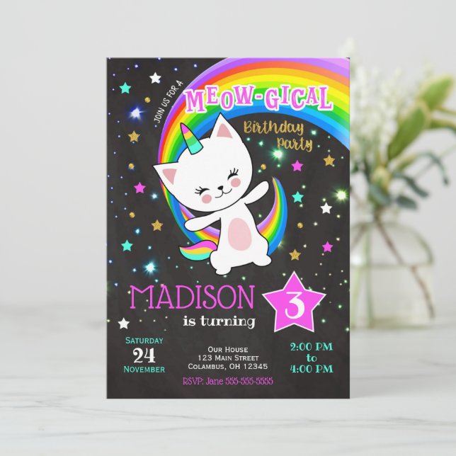 Convite de aniversário de Caticorn, Cat Rainbow (Em pé/Frente)