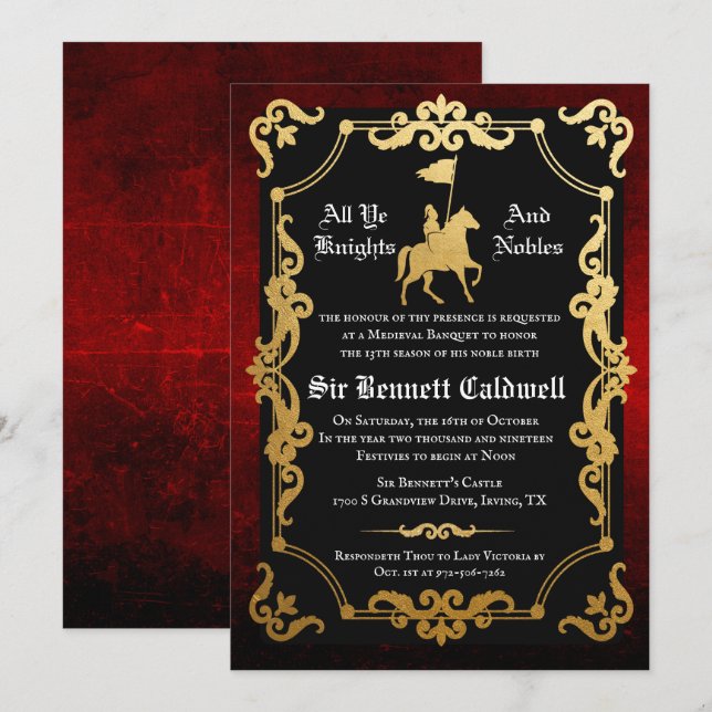 Convite de Aniversário de Cavaleiro Medieval Joust (Frente/Verso)