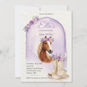 Convite de Aniversário de Cavalo Floral Roxo para 