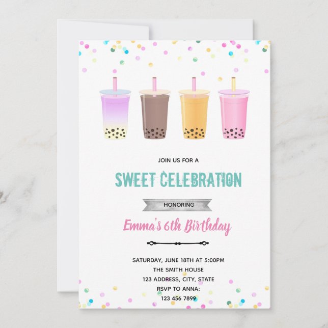 Convite de aniversário de chá de bolhas milktea (Frente)