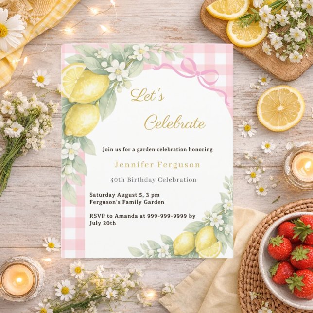 Convite de aniversário de chá de jardim gingham ro (Criador carregado)