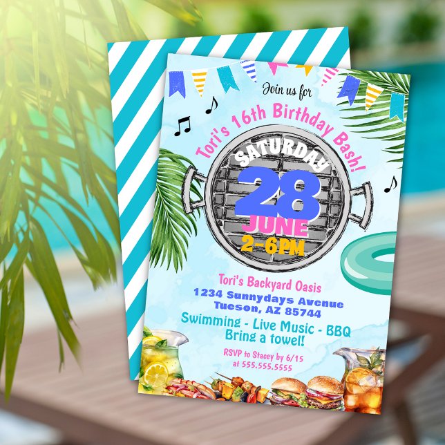 Convite de aniversário de CHURRASCO colorido (Tropical beach theme pool party birthday barbeque invitation with pink purple and palm leaves)