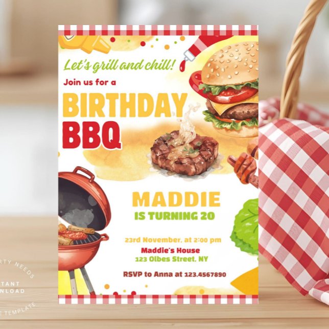 Convite de aniversário de Churrasco de Churrasco R (bbq birthday invitation, barbecue invitation, cookout birthday party invite, red gingham, summer bbq)