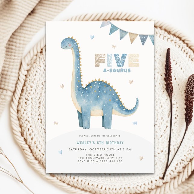 Convite de Aniversário de Cinco A-Saurus para Meni (Five a-saurus birthday invitation for boys)