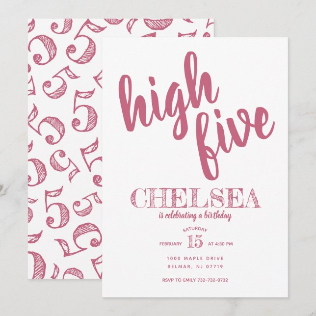 Convite de Aniversário de Cinco Anos High Five Ros (Frente/Verso)