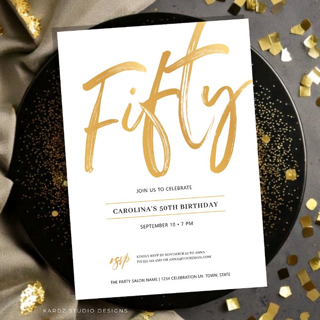 Convite de Aniversário de Cinquenta Anos em Letra  (Fifty birthday invitation is shown in a flat 5x7 card. Faux gold script calligraphy over white.)