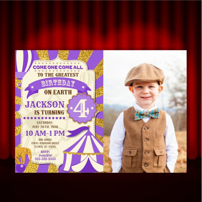 Convite de Aniversário de Circo Carnaval Roxo Dour (Criador carregado)