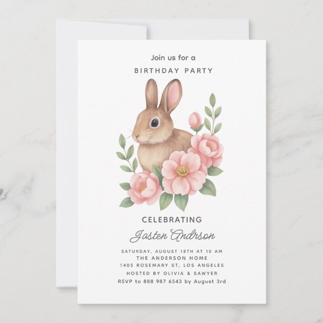 Convite de Aniversário de Coelhinho em Aquarela Fo (Frente)