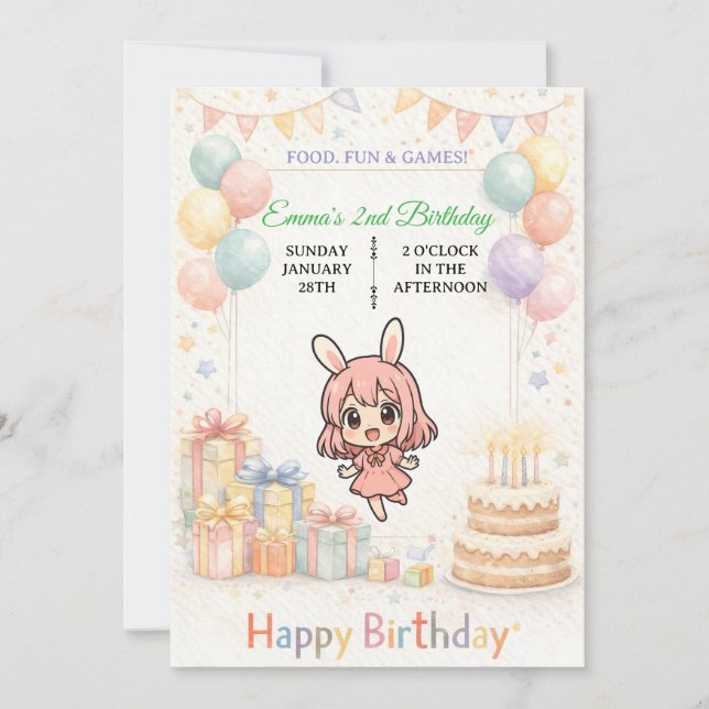 Convite de Aniversário de Coelhinho Pastel Fofo (Frente)
